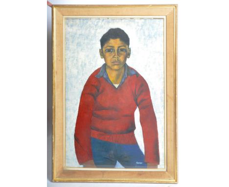 Hamer - An oil on board portrait painting study of a young boy seated wearing a red jumper with open collar shirt. Signed to 