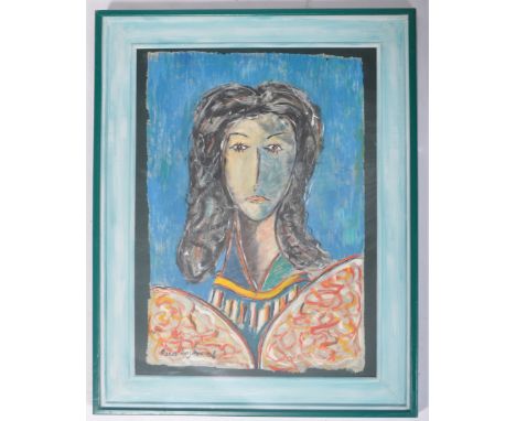 Renos Loizou (Greek, 1948-2013) -&nbsp;A mixed media on handmade paper abstract portrait painting depicting a stylized women 