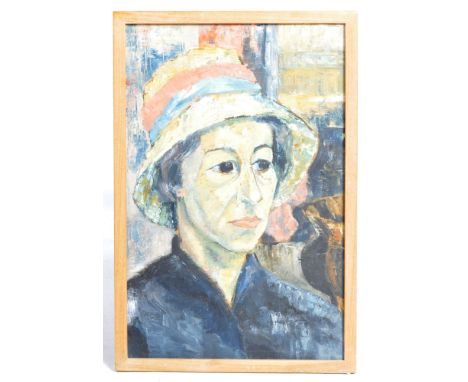 Marian Sugden - A 20th Century 1950's oil on board portrait painting depicting a women wearing a hat. Set within an oak frame