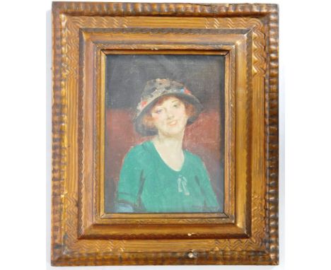 Allan Douglas Davidson (British b. 1873-1932) - An oil on board portrait painting study depicting a forward facing lady weari