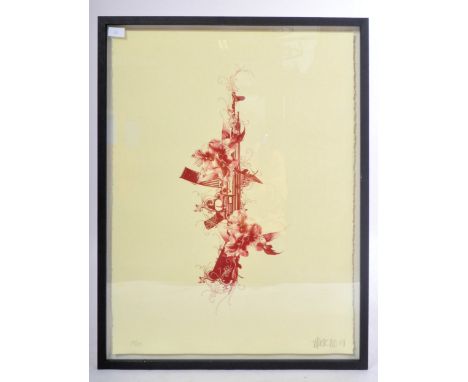 Merone - A contemporary 2008 limited edition signed screen print on woven paper depicting an upright AK-47 with floral burst 