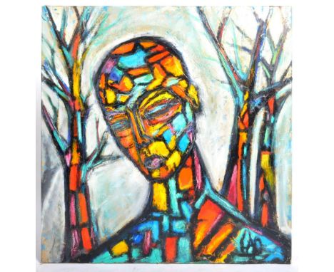 A 20th Century Contemporary acrylic on canvas abstract portrait painting depicting a stylized head and shoulders with tress t