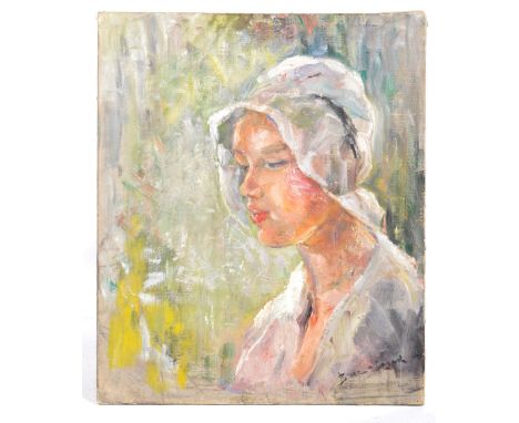 An oil on canvas portrait painting depicting the side profile of a milkmaid wear a white bonnet with a distorted background. 