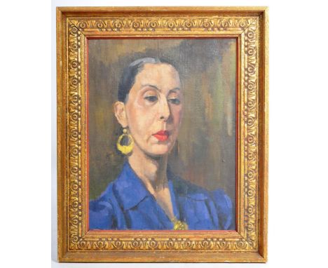 A vintage 20th Century oil on canvas portrait painting depicting a lady adorned with gold jewellery and wearing a blue shirt.