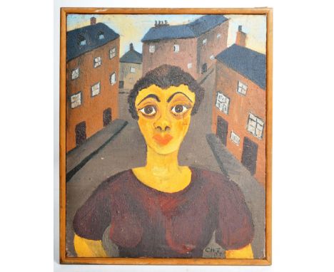 An early 20th Century acrylic on canvas portrait painting depicting a lady with a series of houses to the backdrop. Signed to