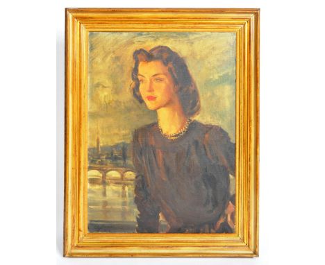 Edmond Soussa (Egyptian, 1898-1989)- A 20th Century 1940's oil on canvas portrait painting of Miss&nbsp;Razic&nbsp;gazing int