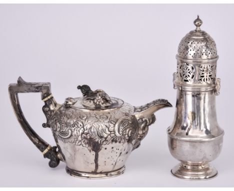 A George IV Silver Teapot and an Edward VII Sugar Caster, the teapot by Robert Gainsford, Sheffield 1823, with floral leaf an