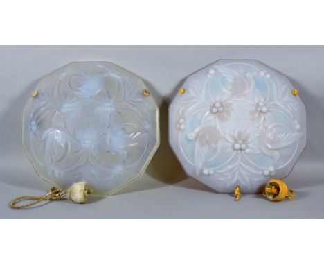 A Pair of 20th Century French Opalescent Glass Light Covers, each depicting birds, fruiting vines and floral ornament, each 1