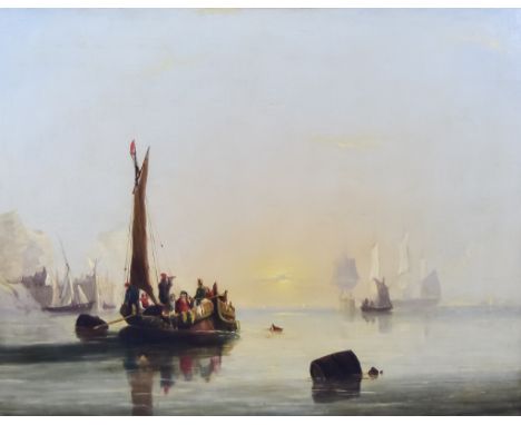 Attributed to William Shayer (19th Century) - Oil painting - Continental seacape with figures in a boat to foreground, and fu