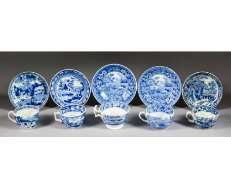 A Collection of Miniature Blue and White Transfer Printed Cups and Saucers, Early 19th Century, including - two Spode 'Milkma