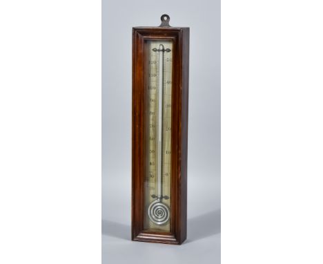 An English Mahogany-Cased Wall Thermometer, 20th Century, with 14.25ins silvered scale and mercury filled tube, 16ins