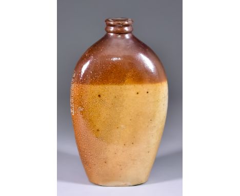 An English Salt Glazed Stoneware Flask of Flattened Baluster Form, 19th Century, stamped "Garrett. Wine &amp; Spirit Merchant