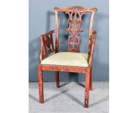 A Red Lacquer Open Armchair, of "Country Chippendale " Design, decorated in gilt with chinoiseries, with shaped and carved cr