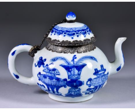 A Chinese Blue and White Porcelain Teapot, Kangxi Period, with Dutch Silver Mounts, painted with river landscape within shape