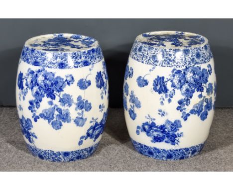A Near Pair of Large Ceramic Barrel-Shaped Seats, Late 19th/Early 20th Century, transfer printed with floral design in blue a