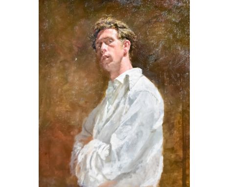 ***Kenneth Newton (1933-1984) - Oil painting - Half-length self portrait wearing white shirt, unsigned , canvas, 22ins x 18in