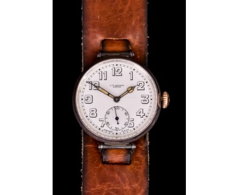 A Gentleman's Manual Wind "Trench" Watch, by J W Benson, London, silver case, 35mm diameter, white enamel dial with black Ara