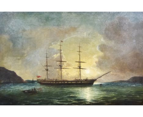 Manner of David James (1834-1892) - Oil painting - A British three masted vessel in a moonlit seascape, bears signature 'D Ja