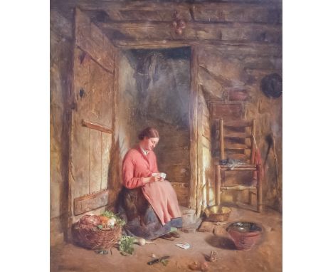 Alfred Provis (act.1843-1886) - Oil painting - Cottage interior with young woman reading a letter, signed, panel, 11ins x 9.5