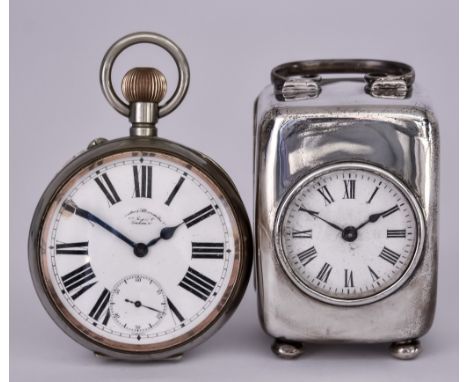 An Edward VII Silver Cased Carriage Timepiece and a Plated Cased Goliath Pocket Watch, the timepiece in case hallmarked by He