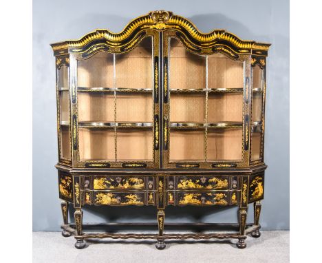 A Late 18th/Early 19th Century Black Lacquered Display Cabinet, the whole decorated with chinoiseries, the upper part with de