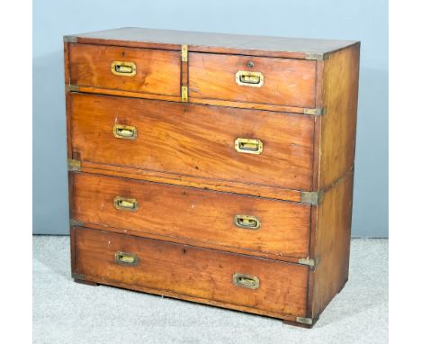 A 19th Century Mahogany and Brass Bound Military Chest in two sections, fitted two short and three long drawers, each with re
