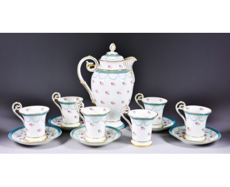 A Mintons Bone China Part-Coffee Service, Retailed by Davis Collamore & Co Ltd, New York, Circa 1900, enamelled with roses wi