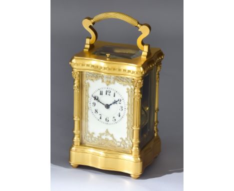 A Late 19th Century French Gilt Brass Carriage Clock No. 7549, the cream enamel dial with black Arabic numerals with engraved