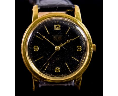 A Gentleman's Automatic Wristwatch, by Heuer, plated case, 34mm diameter,&nbsp;&nbsp;black dial with gold Arabic baton numera
