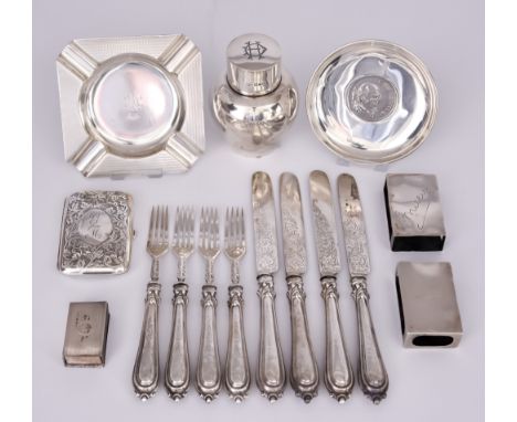 A Harlequin Set of Twelve Victorian Silver Fruit Knives and Forks and Mixed Silverware, the fruit knives and forks by J G, Bi