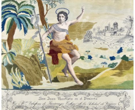 A Spanish Coloured Silk, Black Silk and Colour Printed Panel - "San Juan Bautista el Desierto" (St John the Baptist in the de