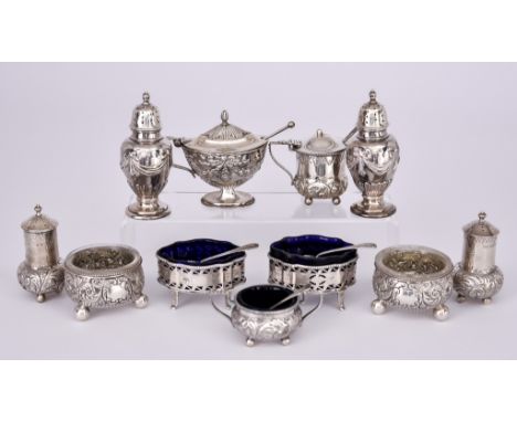 A Pair of Victorian Silver Circular Salts and Mixed Condiments, the circular salts by William Evans, London 1886, with bead m