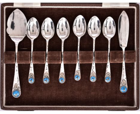 A George V Silver Breakfast Set by Bernard Instone of Langstone Silverworks, Birmingham 1928, with planished handles, inset w