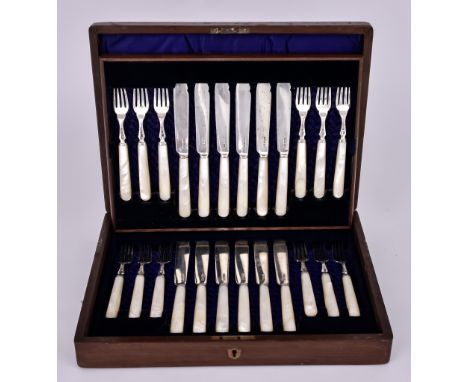 A Set of Twelve Late Victorian Silver Bladed and Mother-Of-Pearl Handled Fish Knives and Forks, by Atkin Brothers, Sheffield 