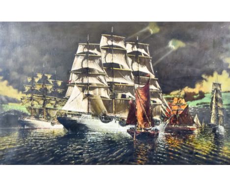 ARR Kenneth Newton (1933-1984) -&nbsp;Oil painting - Seascape with galleons in full sail at night, signed, canvas, 24ins x 38
