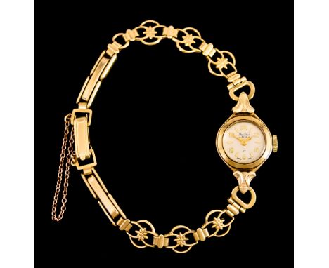 A Lady's Manual Wind Cocktail Wristwatch,&nbsp;by Bentina, 9ct gold case, 15mm diameter, silver dial with gold Arabic and bat