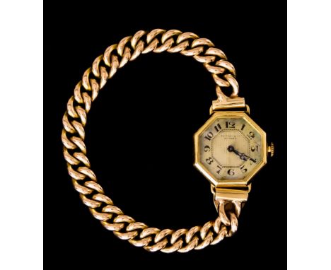A Lady's Manual Wind Wristwatch, by Rattray &amp; Co. of Dundee,&nbsp;hexagonal 9ct gold case, 22mm diameter, silver enamelle