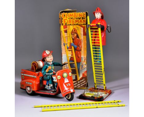 A Japanese Tin Plate Battery Operated Fire Tricycle, possibly Nomura, and a Louis Marx &amp; Co. clockwork climbing Fireman, 