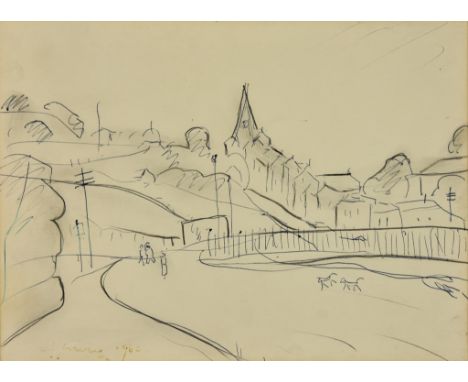 ARR Laurence Stephen Lowry (1887-1976) - Pencil and biro sketch - "Ebbw Vale" - Figs and dog on a road towards a village, sig