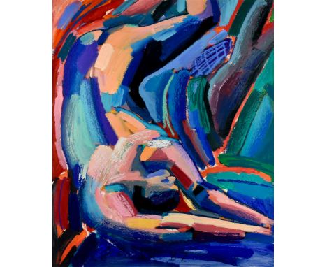 ***Fraser Taylor (Born 1960) - Oil painting - Man falling, signed and dated '87, 23.75ins x 19.75ins, in stained oak frame an