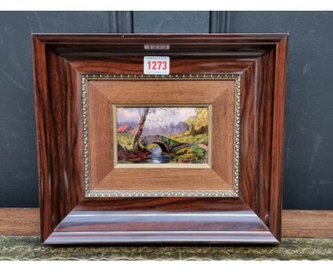 R Farlandie,&nbsp;'Le Pont Sur L'Aurence', signed, Limoges enamel, 7.5 x 12cm. 