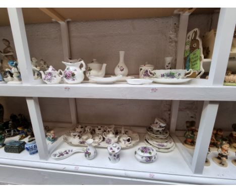 A collection of 'Violet' pattern pottery and porcelain, to include: examples by Hammersley. (two shelves) 