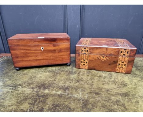 An early 19th century mahogany tea caddy, with bone escutcheon, 31.5cm wide; together with another Victorian walnut and parqu