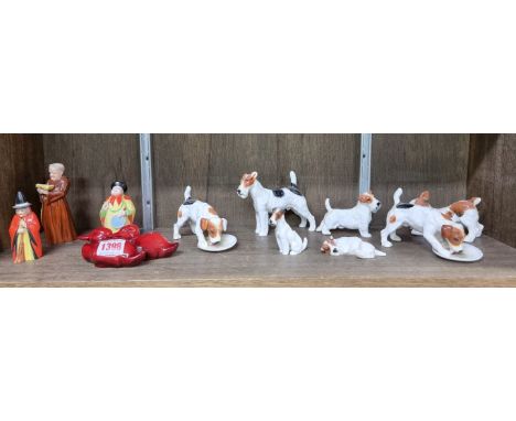A Royal Doulton flambe figure group of two ducks,&nbsp;13cm wide;&nbsp;together with three Royal Worcester candlesnuffer figu