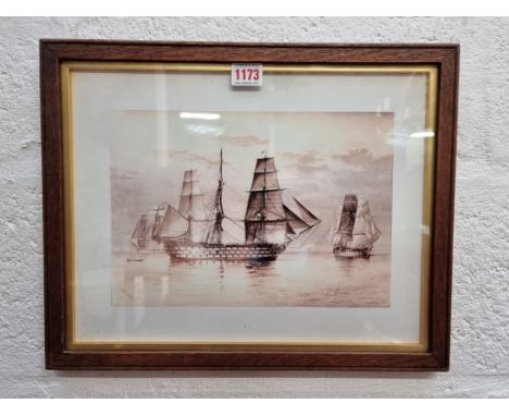 A monochrome print of HMS Victory,&nbsp;I.20 x 29cm. 