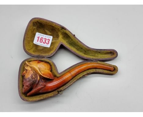 An interesting Victorian carved meerschaum novelty pipe,&nbsp;depicting a lifeboatman, in fitted leather case. 