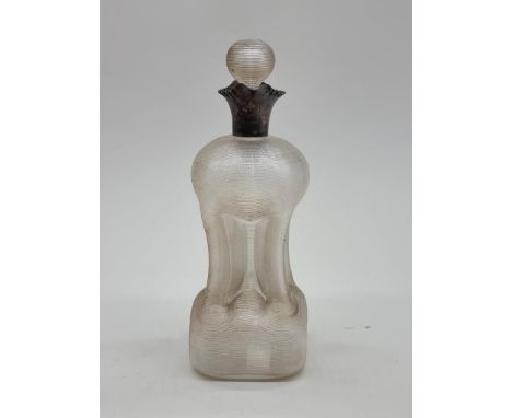 A ribbed clear glass and silver mounted glug glug decanter and stopper, 24cm high.&nbsp; 