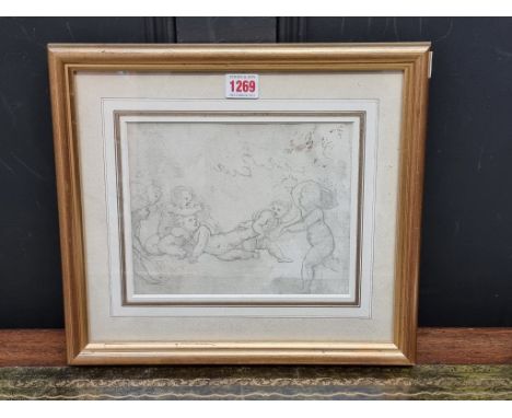 An Old Master style pencil sketch of cherubs, probably 18th century or earlier, with pen and ink additions, 17 x 21.5cm; with