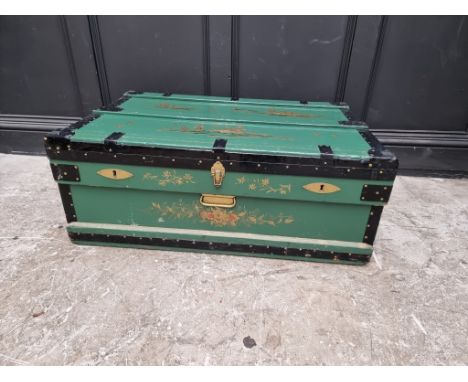A green chinoiserie trunk,&nbsp;labelled 'The Marshall Improved Air &amp; Water-Tight Chest',...1917'', 92cm wide, with bevel