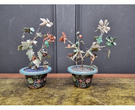 A pair of Chinese cloisonne enamel and hardstone table ornaments,&nbsp;23cm high.&nbsp; 